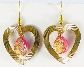 Heart Dangle Earrings, Pink Druzy Earrings, Gold Heart and Pink Druzy Earrings, Golden Heart Earrings, Valentine's Day gift, Ready to Ship,