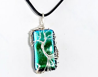Sterling Silver Tree of Life on Blue-Green Dichroic Glass, Dichroic Glass Pendant, Sterling Silver Tree of Life