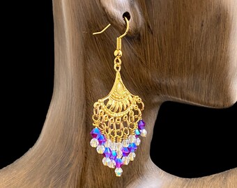 Antique Gold Chandelier Earrings, Crystal Chandelier Earrings, Ornate Earrings, Swarovski Crystal Earrings, Boho Earrings