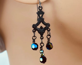 Vintage Look Black Earrings with Austrian Crystals, Gothic Black Earrings with Jet AB crystals, Black Chandelier Earrings, Victorian Earring