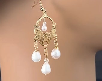 Gold and Pearl Art Nouveau Chandelier Earrings,  Freshwater Pearl Earrings, Gold and Pearl Chandelier Earrings, Earrings Ready to ship