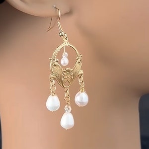 Gold and Pearl Art Nouveau Chandelier Earrings,  Freshwater Pearl Earrings, Gold and Pearl Chandelier Earrings, Earrings Ready to ship