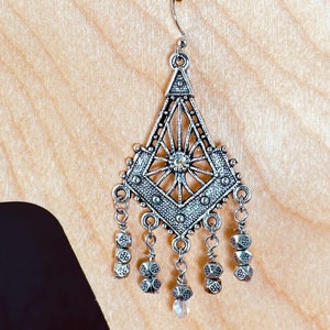 Gothic Earrings, Antique Silver Chandelier Earrings with Crystal Accents, Starburst Earrings, Steampunk Heavy Metal Statement Earrings
