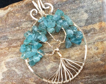 Neon Apatite Tree of Life  Pendant, Aqua Tree of Life Necklace, Apatite, Bronze, Gold, Rose Gold, Copper, Silver, Wire Wrapped Tree of Life