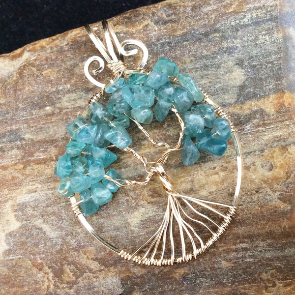 Neon Apatite Tree of Life  Pendant, Aqua Tree of Life Necklace, Apatite, Bronze, Gold, Rose Gold, Copper, Silver, Wire Wrapped Tree of Life