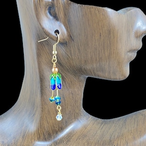 Flower and crystal dangle earrings, gold, blue and turquoise floral earrings,