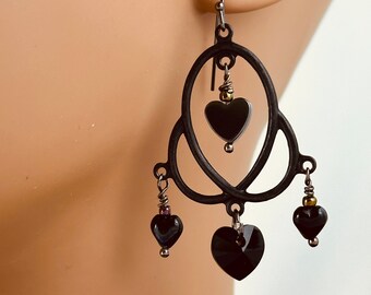 Black Heart Earrings, Art Deco earrings, Gothic Chandelier Earrings, Black Chandelier Earrings, Hematite, Steampunk Earrings, Jet AB Crystal