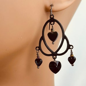 Black Heart Earrings, Art Deco earrings, Gothic Chandelier Earrings, Black Chandelier Earrings, Hematite, Steampunk Earrings, Jet AB Crystal