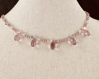 Delicate pastel beaded necklace, Swarovski crystals, Silver plated hook & eye, tiny dusty rose pearls, lavender teardrops, pressed glass