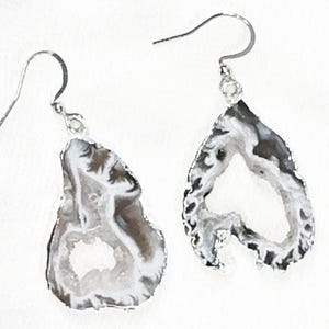 Natural Black and White Druzy Geode Slice Earrings, One of a Kind Sparkling Druzy Earrings