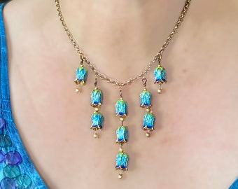 Floral Bib Necklace, Gold Plated Blossom Necklace, Blue, Aqua & Green Blossoms, Delicate Bib Necklace, Dangle Necklace, Statement Necklace