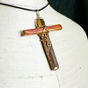 Stone Cross Necklace, Tiger&#39;s Eye and Moukaite Cross, Gold Cross Pendant, Crucifix, Wire Wrap Cross, Religious Jewelry, Gift for Him