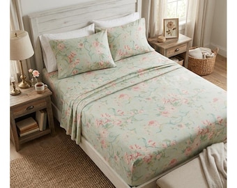 Wamsutta Ultracale Sheet Set King 4pc Green Pink Floral Peony Tulip Vintage USA