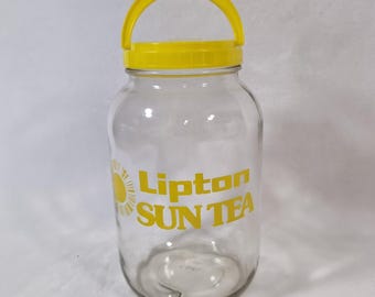 Lipton Sun Tea glaskanna 1 gallon klar gul vintagelogotyp handtag lock retro
