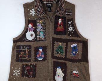 Designers Originals Fa La La Christmas Sweater Vest Women XL Patchwork Embroider