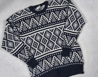 Brian MacNeil Trui voor heren, maat Large, marineblauw, geometrisch katoen, Fair Isle-breisel, vintage jaren 80