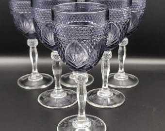 Conjunto de 6 taças vintage de vidro ametista roxo para água/vinho com haste transparente e design em forma de leque de diamante, 20 cm (8 polegadas).