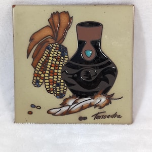 Cleo Teissedre Ceramic Tile Trivet Southwestern Native American 6x6 Signed 1982