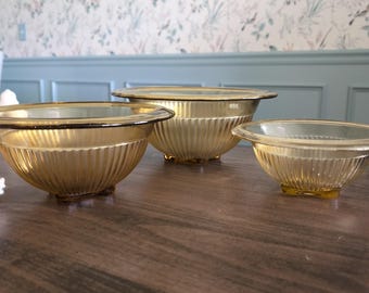 Federal Glass Golden Glow Ribbed Nesting Bowls Depression MCM Mid Century