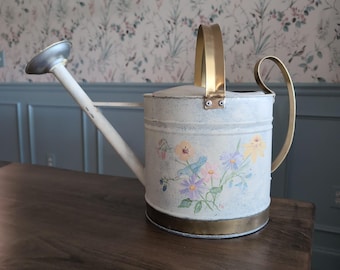 Hand Painted Large Tin Watering Can White Floral Garden Cottage Country 2 Handle