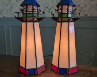 Vintage Tiffany-stijl gebrandschilderd glas vuurtoren lampen paar nautische kustlamp