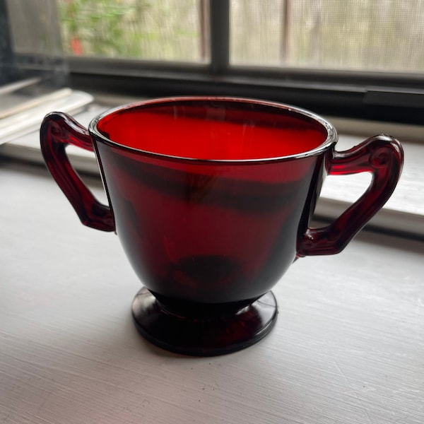 Vintage Royal Ruby Red Footed Glass Sugar Bowl Anchor Hocking Glass Jewel Tone Red Glass Decor MCM Style Deep Red Holiday Colors Upcycle