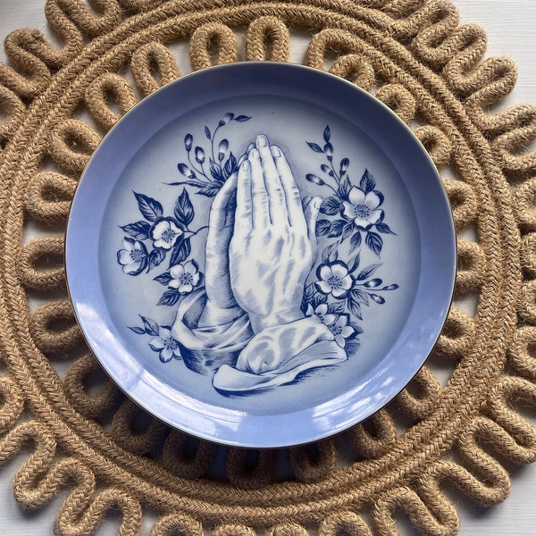 Vintage Praying Hands Decorative Plate Blue and White Porcelain Christian Hanging Wall Art Religious Catholic Gift Holy Communion Decor