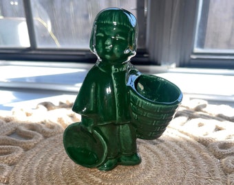 Green Glazed Ceramic Child Figurine Planter: Asian Decor