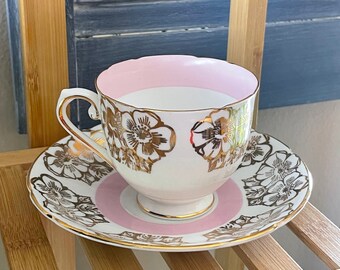 Vintage Stanley Fine Bone China Teacup and Saucer: Pink Dogwood, Gold Trim