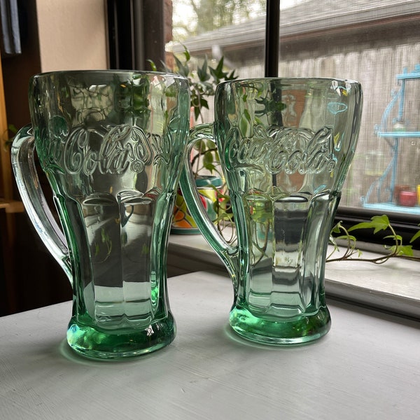 Coca Cola Glasses with Handles Set of 2 Soda Glasses Green Glass Drink Ware Collectible Libbey Coke Glasses Retro Kitchen Collectible Coke