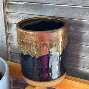 Signed Studio Pottery Tumbler Bronze Drip Glaze Cup Handmade Stoneware Vessel Rustic Desk Organizer