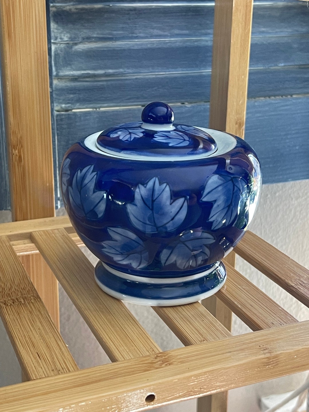 Vintage Designpac Sugar Bowl Cobalt Blue Leaf Pattern Hand Painted