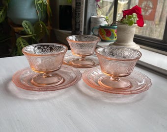 Vintage Pink Depression Glass Cup and Saucer Set: Normandie Bouquet, Set of 3