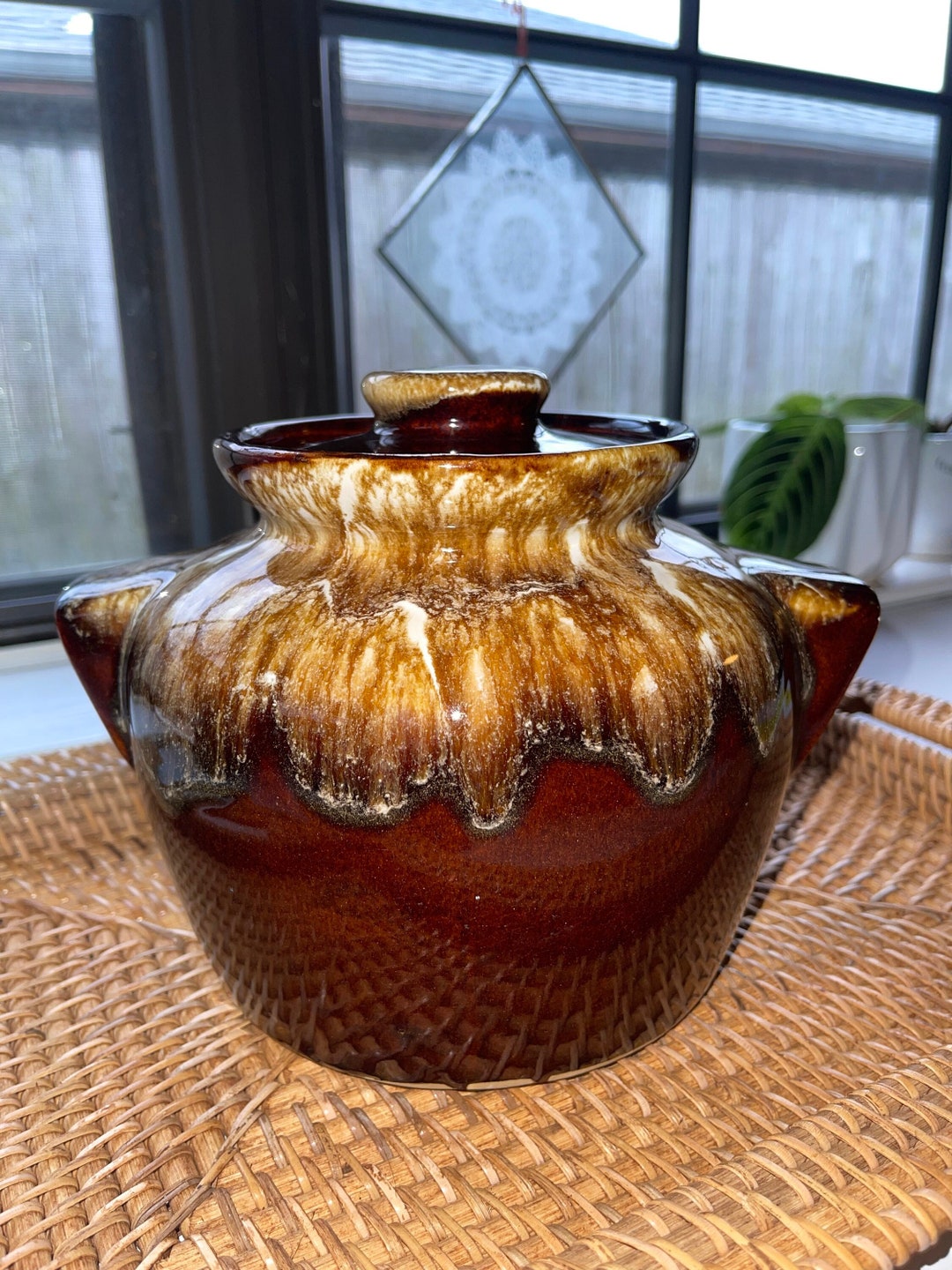 Vintage USA Pottery Brown Drip Glaze Bean Crock Pot With Lid Etsy