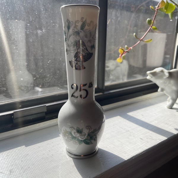 Vintage 25th Wedding Anniversary Gift Ideas Married 25 Years Lefton Fine China Rose Bud Vase Hand Painted Wedding Bells White Dove