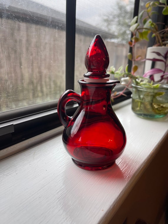 Red Glass Bottle Vintage Avon Strawberry Bath Foam Perfume Decanter  Strawberry Top Ruby Red Decanter With Lid Boho Eclectic Decor 