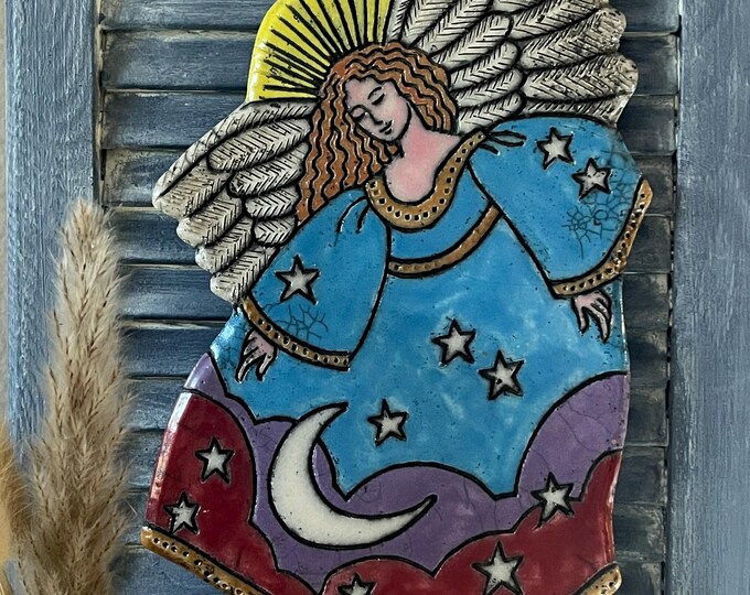 Handmade Signed Art Pottery Clay Raku Colored Angel With Halo and Stars ...
