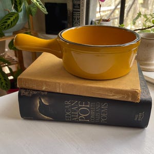May include: A yellow ceramic bowl with a handle, resting on two books. The bowl has a black rim and is set against a backdrop of books and plants. The bottom book is titled "Edgar Allan Poe Complete Tales and Poems."