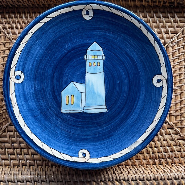 Vintage Set of 3 Nautical Lighthouse Blue Salad Plates Brushes Handpainted KIC Lighthouse Motif Nautical Rope Beach House Dishes Ocean Decor