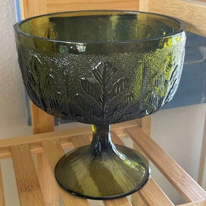 Olive Green Oak Leaf Footed Compote Pressed Glass Pedestal Dish Repurposed Planter FTD 1976 Floral Vase Vintage Decor Earthy Tone
