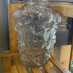 Goofus Clear Glass Embossed Rose Vase Antique Pickle Jar Early 1900s 3D Textured Glass Imperial La Bella