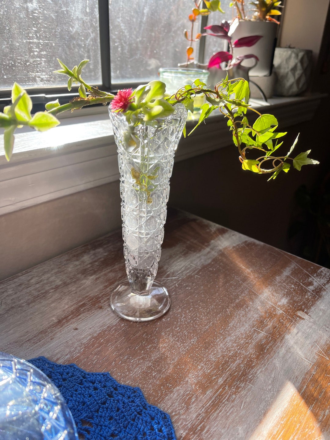 Vintage Lead Crystal Bud Vase Diamond Pattern Clear Glass Vase Etsy