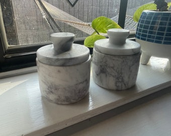 Set of two Marble Stone Jars with Lids Salt Cellar Vanity Decor Windowsill Decor Boho Marble Canisters