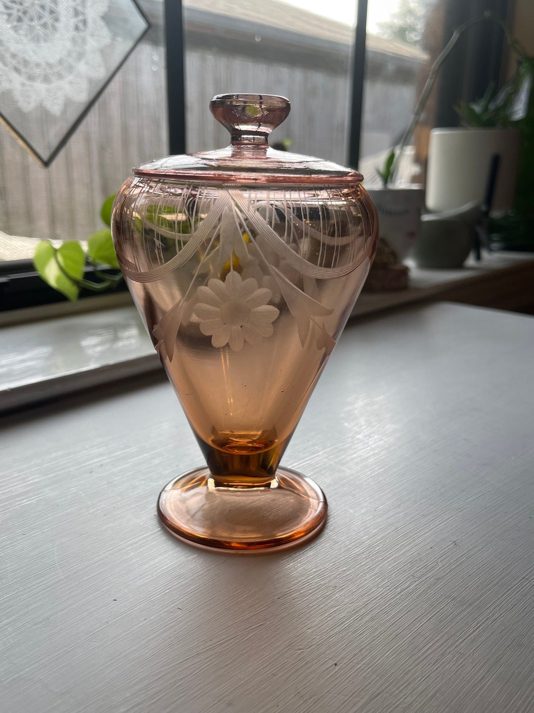 Jar Pink Ribbons Pink Glass Sugar Jar Lidded Floral Etched Urn Shaped Footed Sugar Jar ...