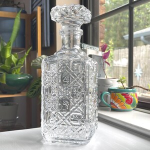 Vintage Pressed Glass Decanter with Stopper Crystal Bar Cart Whiskey Bourbon Liquor Bottle