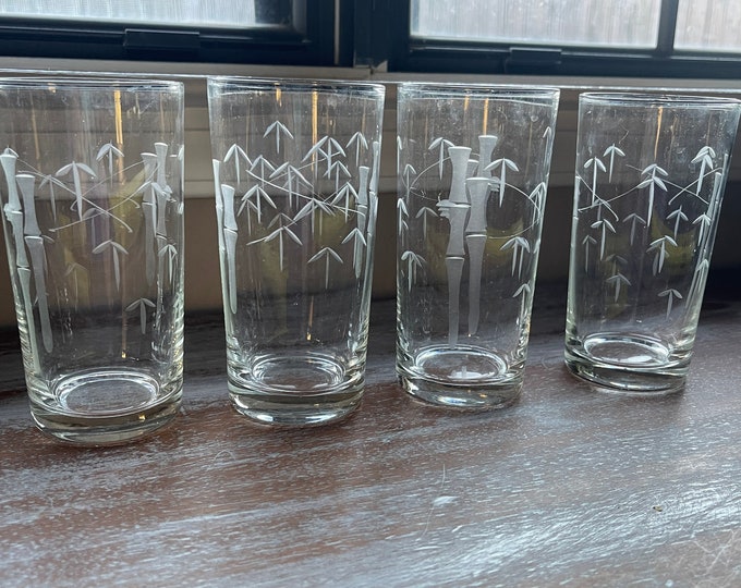 Vintage Sasaki Noritake Bamboo Etched Drinking Glasses Set of 5 Mid