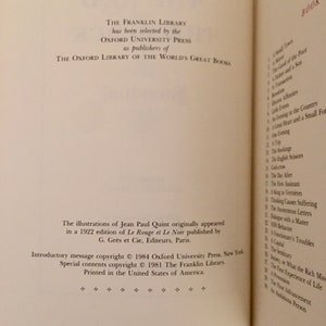 May include: The Franklin Library has been selected by the Oxford University Press as publishers of The Oxford Library of the World's Great Books. The illustrations of Jean Paul Quint originally appeared in a 1922 edition of Le Rouge et Le Noir published by G. Gr&egrave;s et Cie, Editeurs, Paris. Introductory message copyright &copy; 1984 Oxford University Press, New York. Special contents copyright &copy; 1981 The Franklin Library. Printed in the United States of America.
