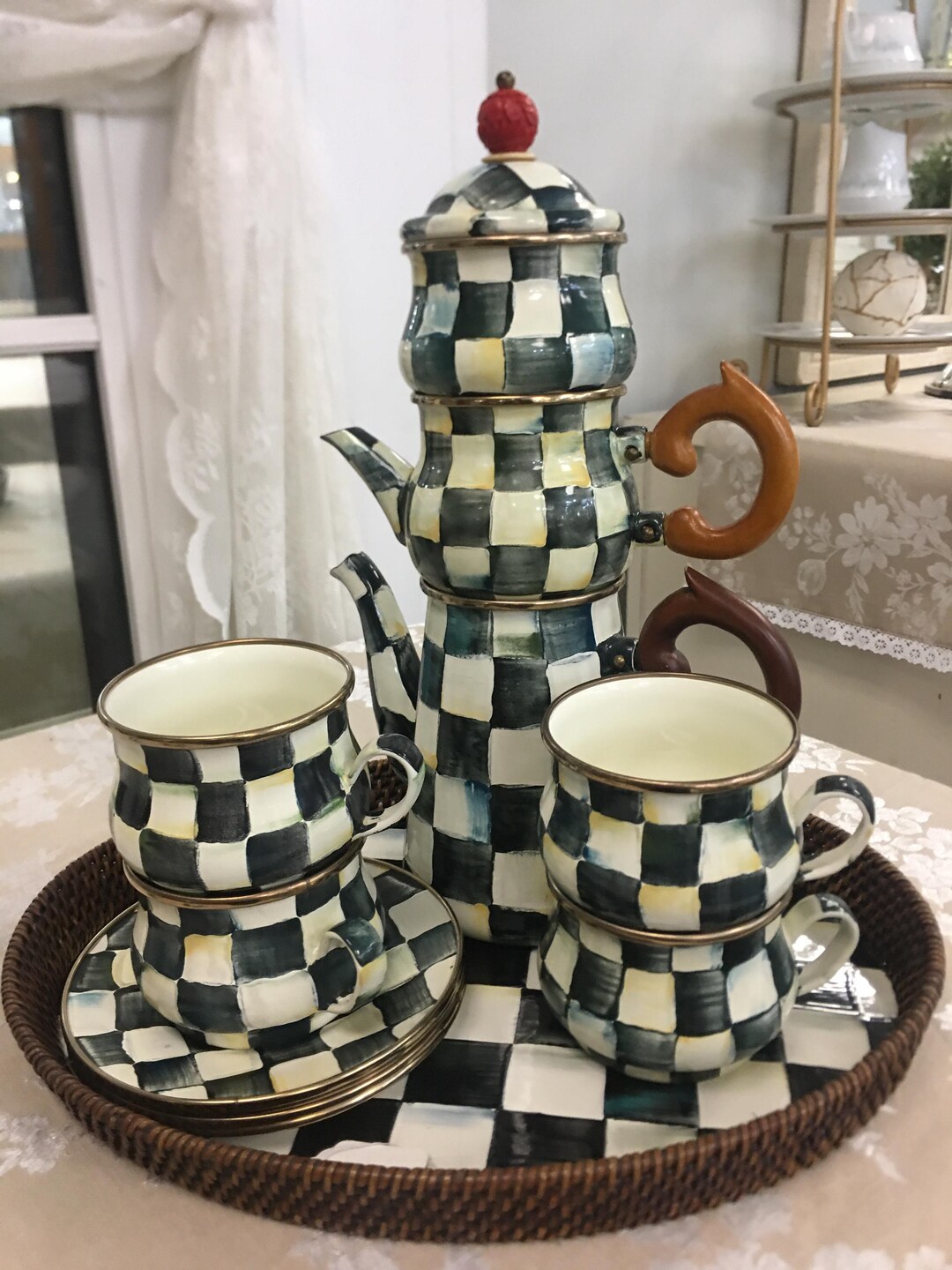 Mackenzie Childs Courtly Check Teapot, Creamer, Sugar, 4 Teacups, 4