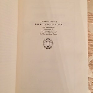 May include: A white page with black text announcing a special edition of "The Red and the Black" prepared for subscribers to "The Oxford Library of the World's Great Books".
