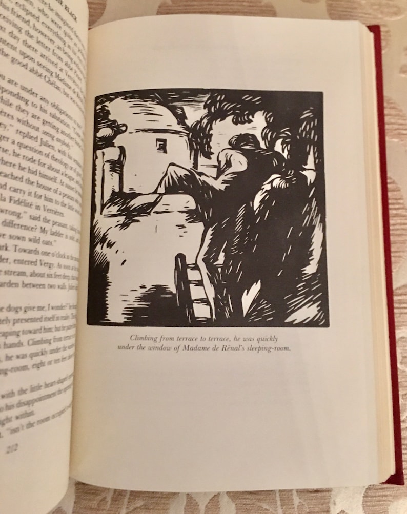 May include: A black and white illustration of a person climbing a ladder up to a window. The illustration is from a book and includes the text "Climbing from terrace to terrace, he was quickly under the window of Madame de Renal's sleeping-room."